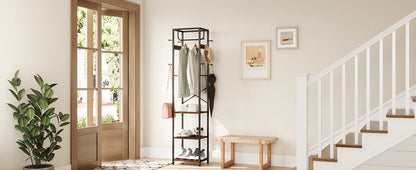 Coat Rack Freestanding, Hall Tree with 3 Storage Shelves and 12 Hooks, Industrial Clothes Rack Stand Organizer for Bedroom, Hallway, Entryway, Office, Living Room, Rustic Brown